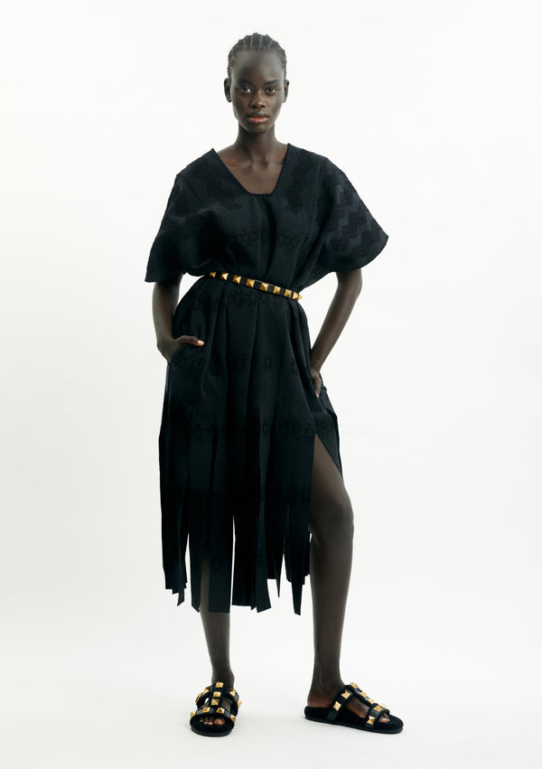 pippa holt Kaftan No.416 Three panel midi kaftan in black with black design and fringed hem