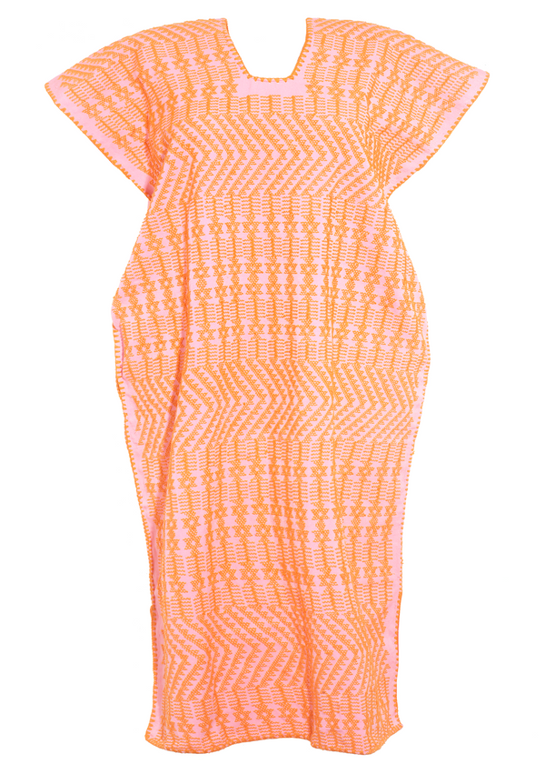Pippa Holt Kaftan No.417 Single Panel Midi Kaftan In Pink With Intricate Orange Design