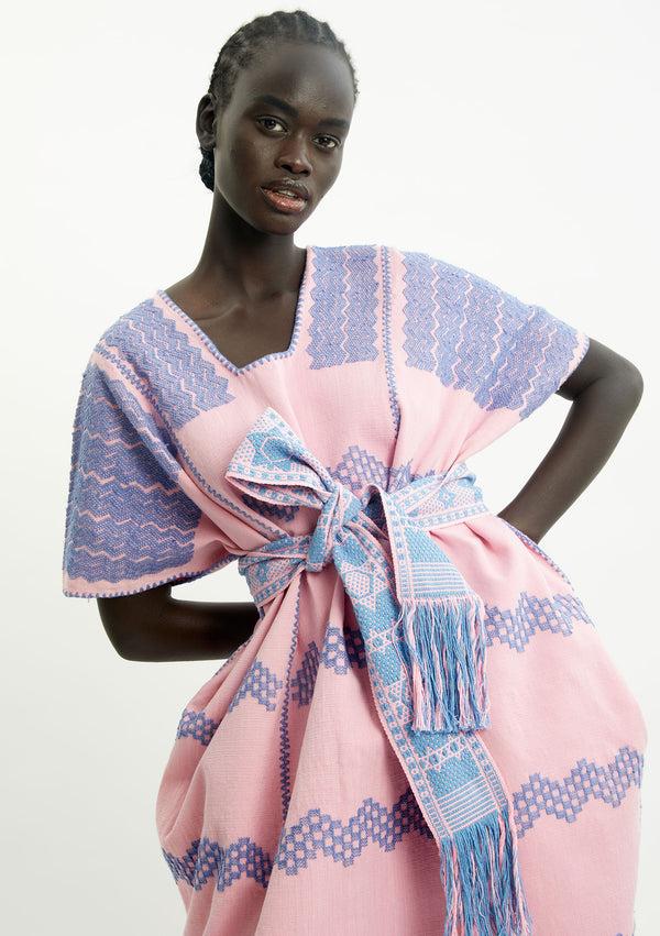 Pippa Holt Kaftan No.418 Three Panel Midi Kaftan In Pink With Blue Design