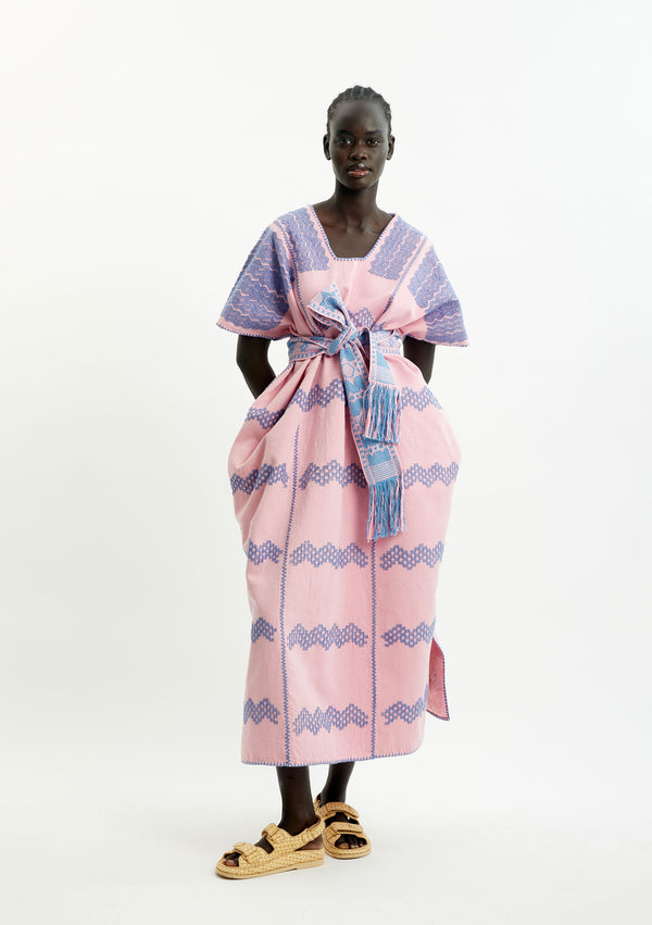 pippa holt Kaftan No.418 Three panel midi kaftan in pink with blue design