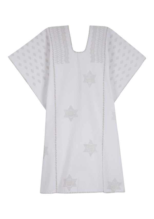 Pippa Holt Kaftan No.419 Three Panel Mini Kaftan In White With Silver Metallic Star Design