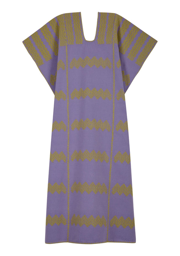 Pippa Holt Kaftan No.422 Three Panel Midi Kaftan In Purple With Yellow Zig Zag Design