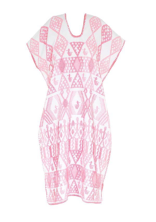 Pippa Holt Kaftan No.427 Single Panel Midi Kaftan In White With Pink Duck Design