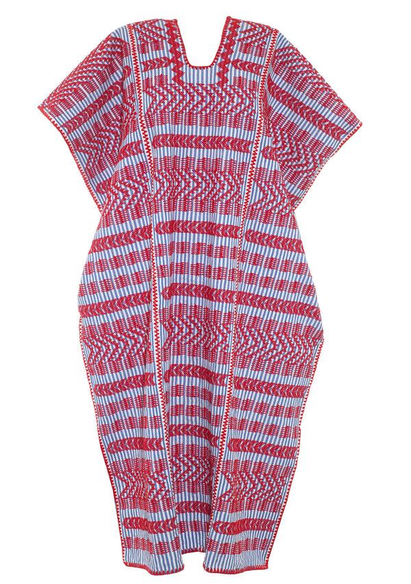 Pippa Holt Kaftan No.429 Three Panel Midi Kaftan In Blue And White Stripe With Red Design