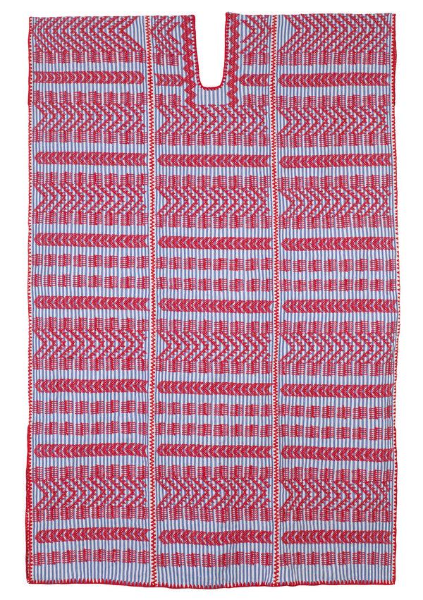 pippa holt Kaftan No.429 Three panel midi kaftan in blue and white stripe with red design