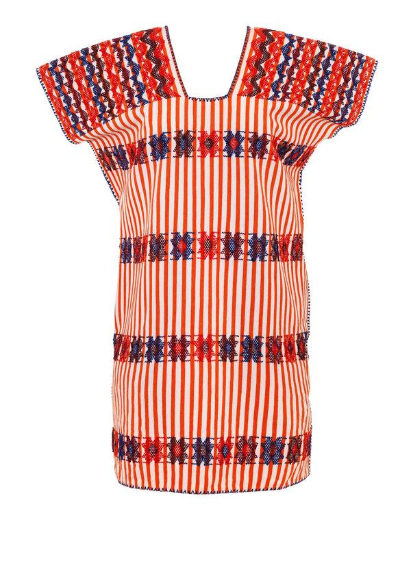 Pippa Holt Kaftan No.43 Single Panel Supermini Kaftan In Orange And White Stripe With Multi Coloured Design