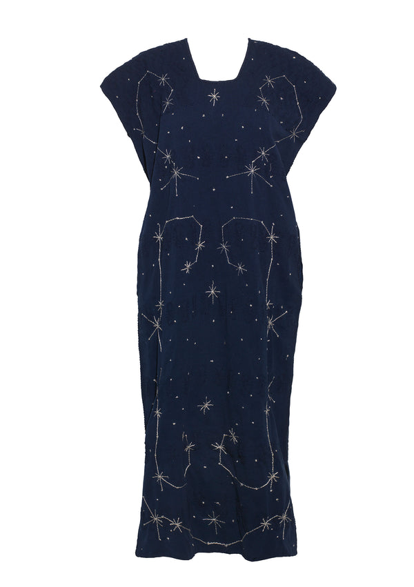 Pippa Holt Kaftan No.430 Single Panel Midi In Navy With Galaxy/stars Embroidery