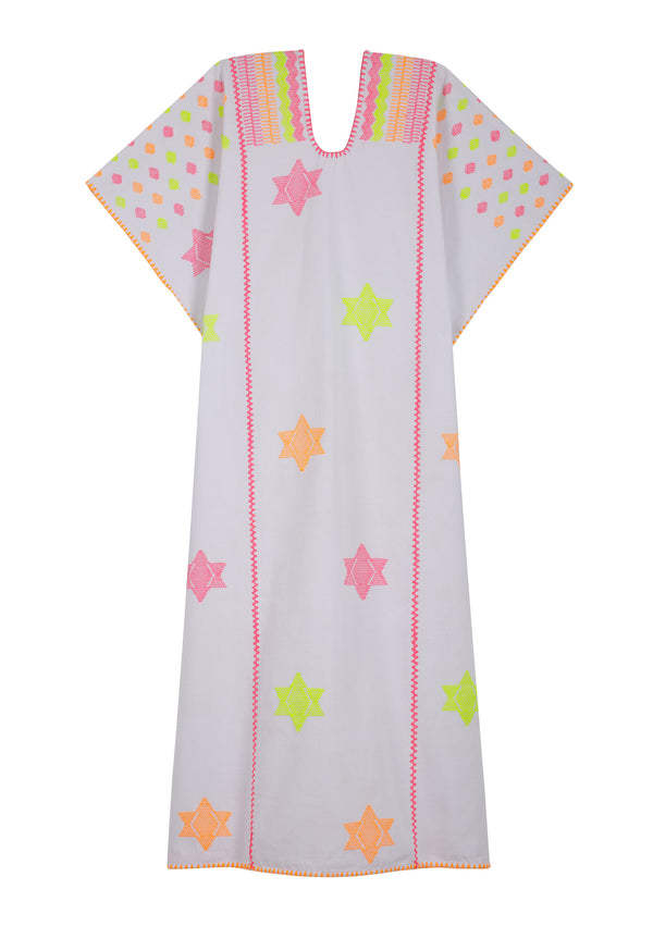 Pippa Holt Kaftan No.433 Three Panel Midi Kaftan In White With Neon Star Design