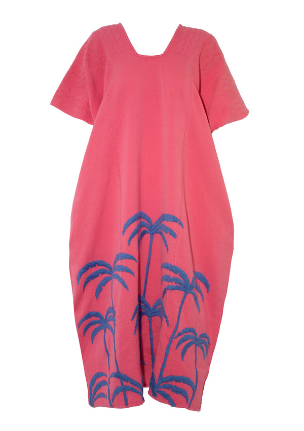 Pippa Holt Kaftan No.434 Three Panel Midi Kaftan In Pink With Embroidered Blue Palm Tree