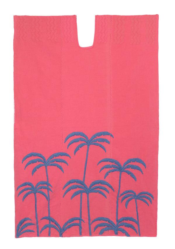 pippa holt Kaftan No.434 Three panel midi kaftan in pink with embroidered blue palm tree