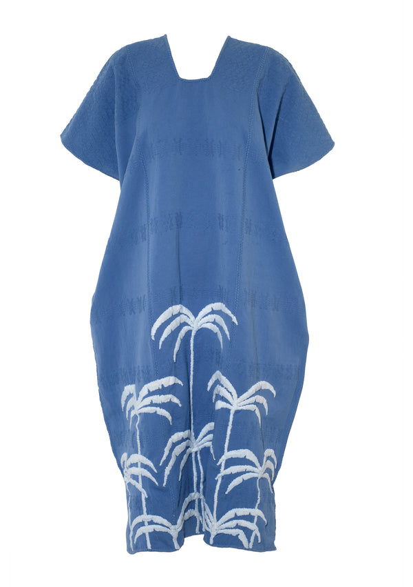 Pippa Holt Kaftan No.435 Three Panel Midi Kaftan In "denim" With Embroidered White Palm Tree
