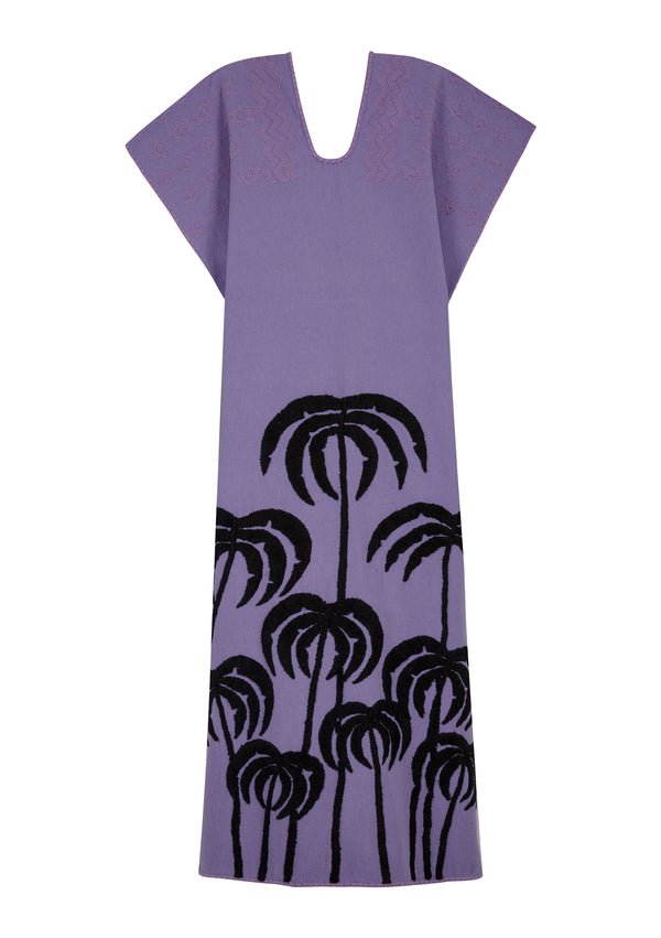pippa holt Kaftan No.439 Single panel midi kaftan in purple with embroidered black palm tree