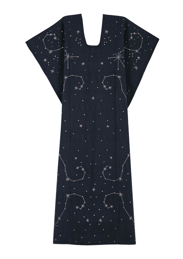 Pippa Holt Kaftan No.440 Three Panel Midi In Navy With Galaxy/stars Embroidery