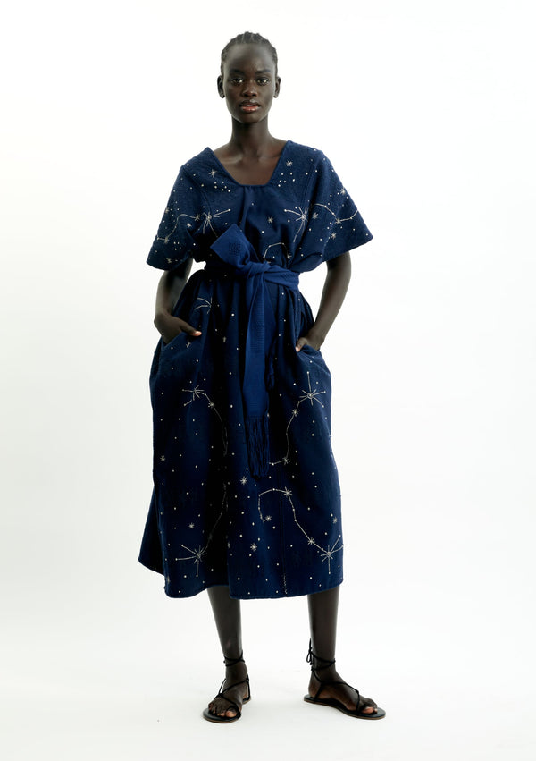pippa holt Kaftan No.440 Three panel midi in navy with galaxy/stars embroidery