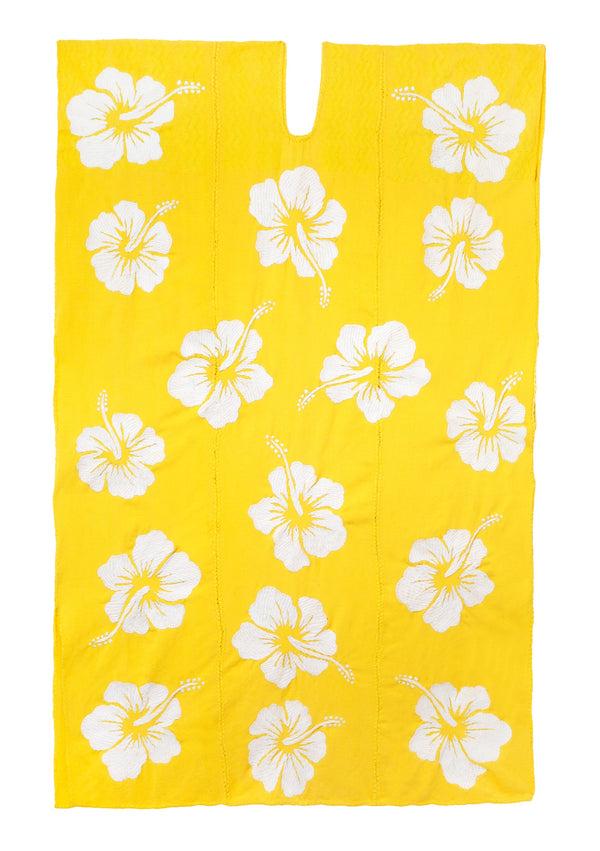 Pippa Holt Kaftan No.444 Three Panel Midi Kaftan In Yellow With White Hibiscus Embroidery Design