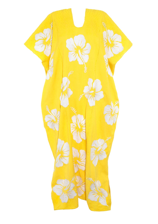 Pippa Holt Kaftan No.444 Three Panel Midi Kaftan In Yellow With White Hibiscus Embroidery Design