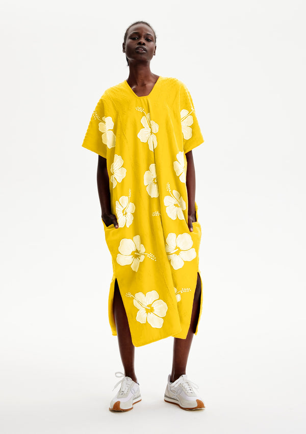 pippa holt Kaftan No.444 Three panel midi kaftan in yellow with white hibiscus embroidery design