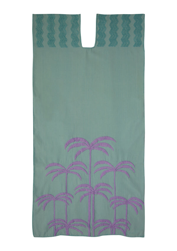 Pippa Holt Kaftan No.448 Single Panel Midi Kaftan In Mint With Embroidered Lilac Palm Tree