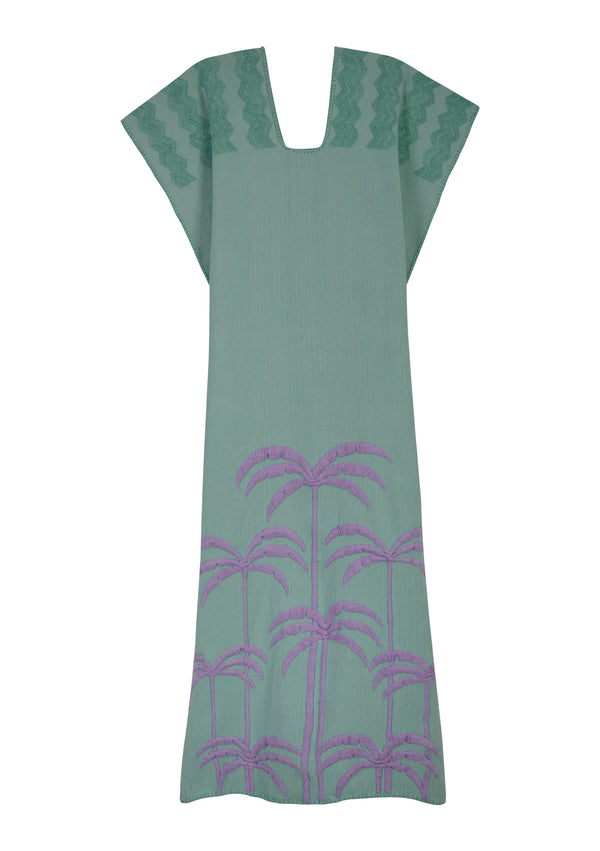 pippa holt Kaftan No.448 Single panel midi kaftan in mint with embroidered lilac palm tree