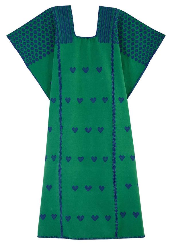 Pippa Holt Kaftan No.449 Three Panel Midi Kaftan In Green With Blue Heart Design