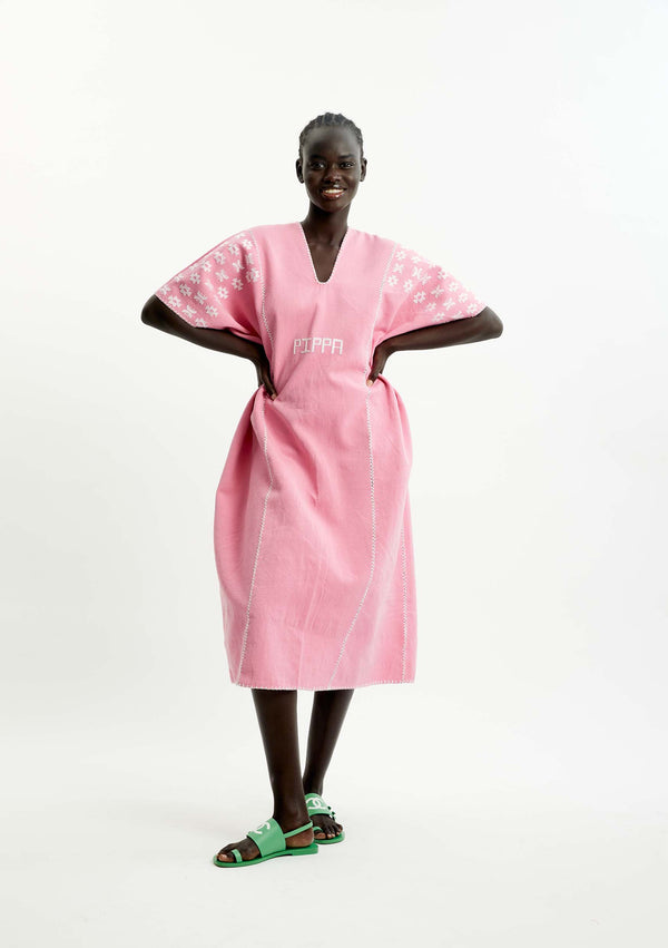 Pippa Holt Kaftan No.450 Three Panel Midi Kaftan In Candy Pink With White Monogram