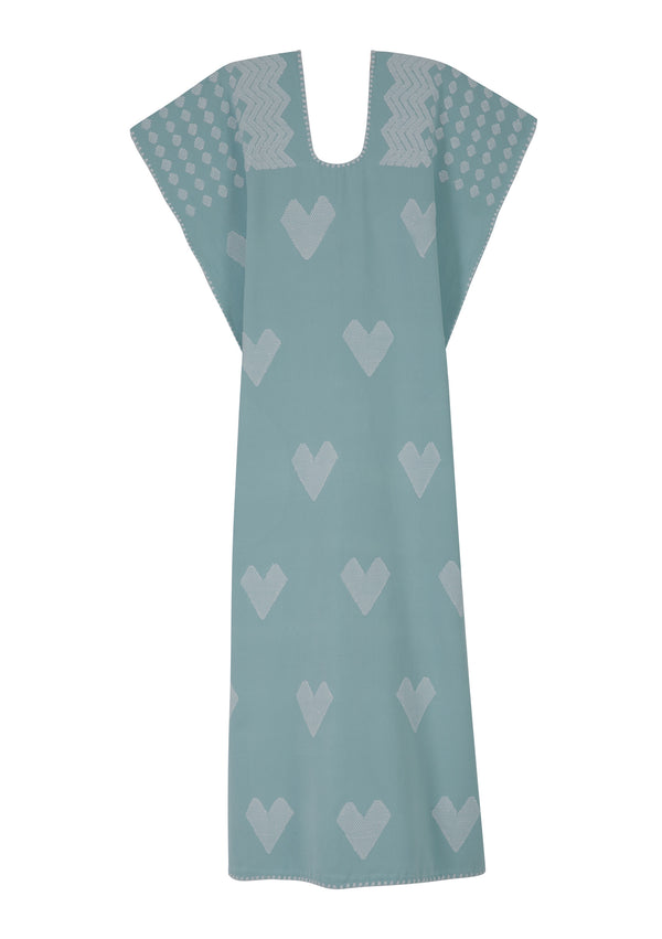 Pippa Holt Kaftan No.451 Single Panel Midi Kaftan In Baby Blue With White Heart Design