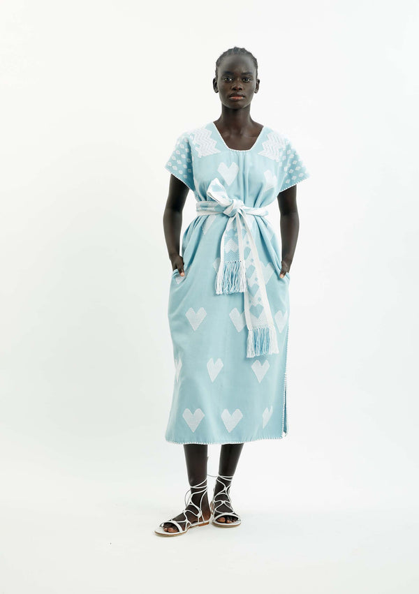 pippa holt Kaftan No.451 Single panel midi kaftan in baby blue with white heart design