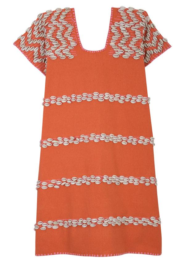 Pippa Holt Kaftan No.455 Single Panel Mini Kaftan In Orange With Shells