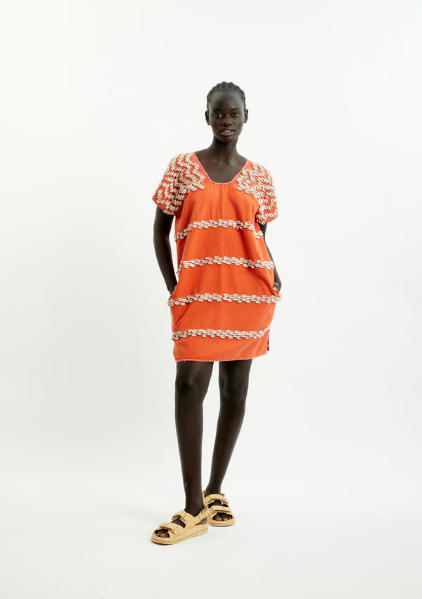 Pippa Holt Kaftan No.455 Single Panel Mini Kaftan In Orange With Shells