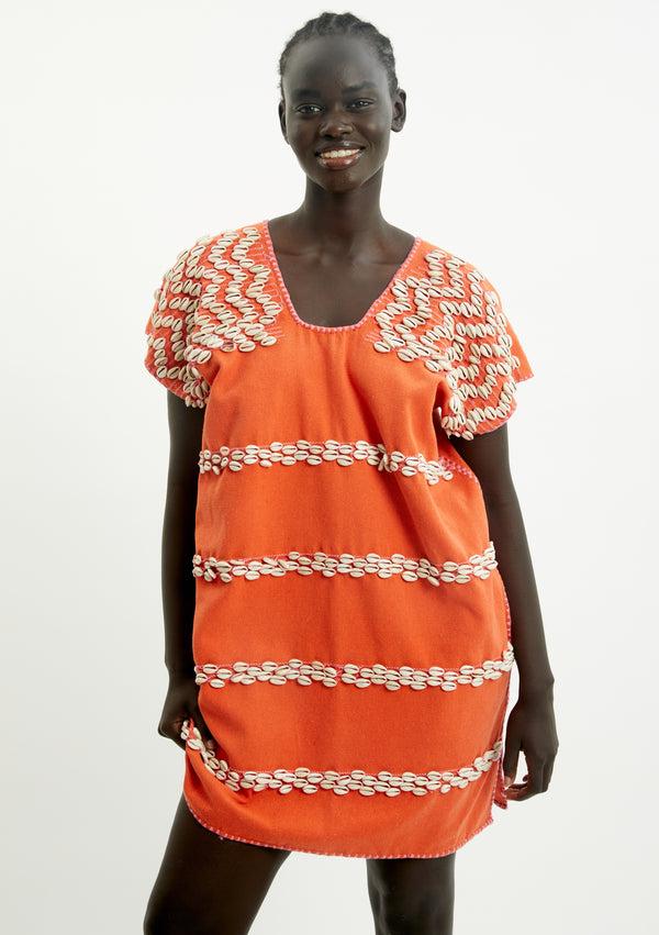 pippa holt Kaftan No.455 Single panel mini kaftan in orange with shells