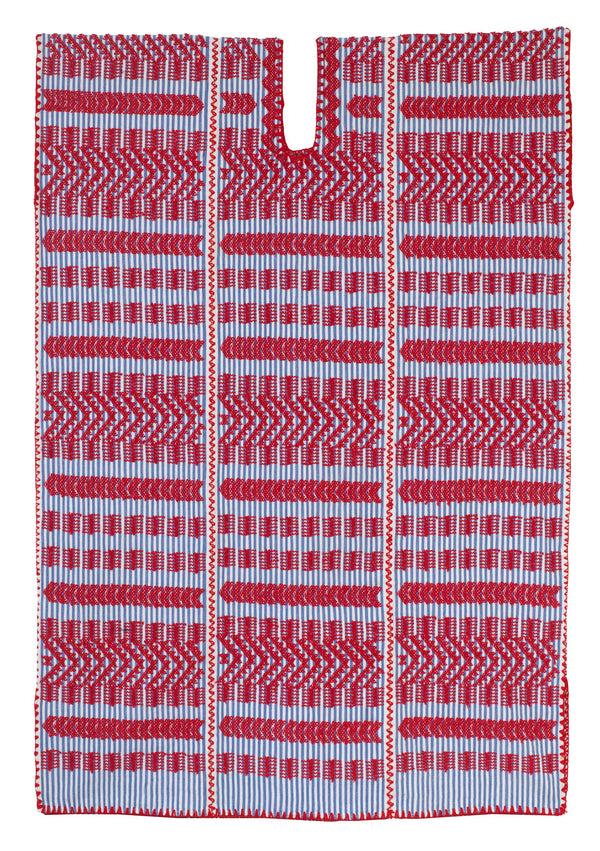 Pippa Holt Kaftan No.459 Three Panel Mini Kaftan In Blue And White Stripe With Red Design