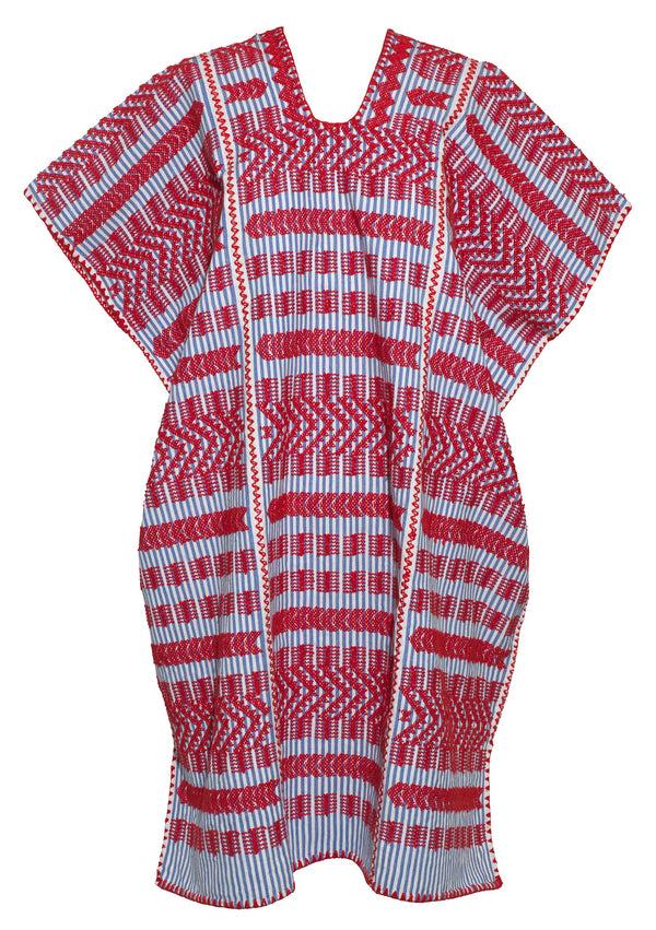 Pippa Holt Kaftan No.459 Three Panel Mini Kaftan In Blue And White Stripe With Red Design