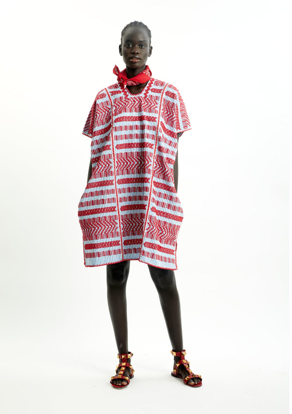 pippa holt Kaftan No.459 Three panel mini kaftan in blue and white stripe with red design