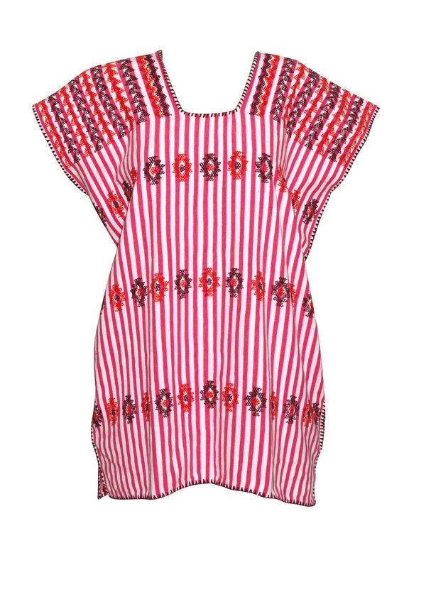 Pippa Holt Kaftan No.46 Single Panel Mini Kaftan In Dark Pink With White Stripe With Burgundy Design