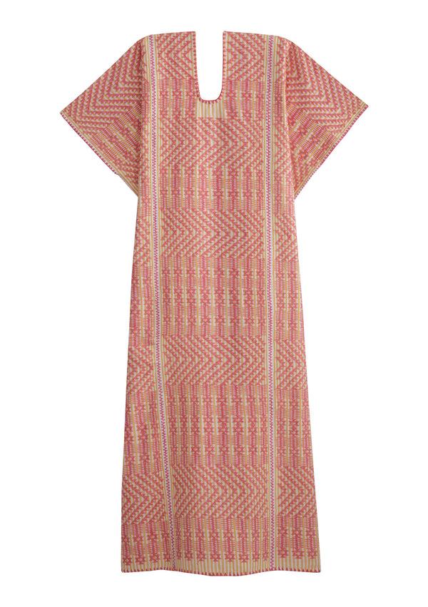 Pippa Holt Kaftan No.461 Three Panel Midi Kaftan In Yellow And White Stripe With Pink Design
