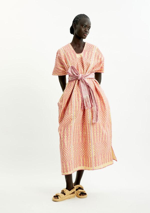 pippa holt Kaftan No.461 Three panel midi kaftan in yellow and white stripe with pink design