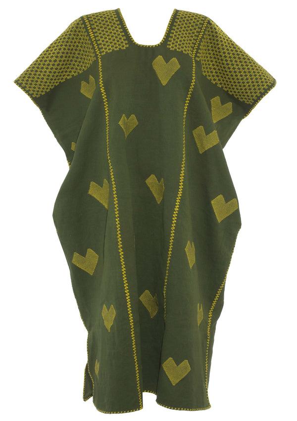 Pippa Holt Kaftan No.464 Three Panel Midi Kaftan In Khaki With Yellow Hearts Motifs