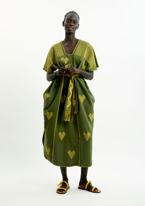 pippa holt Kaftan No.464 Three panel midi kaftan in khaki with yellow hearts motifs