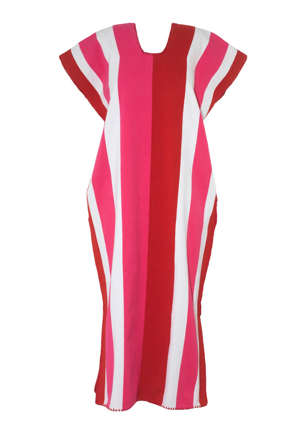 Pippa Holt Kaftan No.468 Single Panel Midi Kaftan In Red White And Fuchsia Stripes Design
