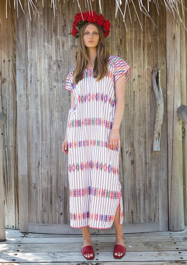 pippa holt Kaftan No.47 Single panel midi kaftan in brown and white stripe with multicoloured design
