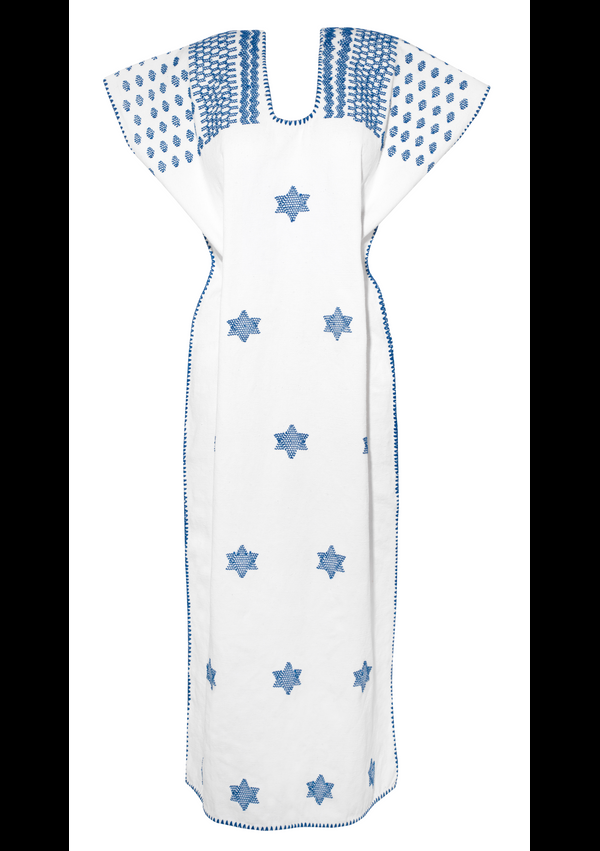 Pippa Holt Kaftan No.473 Single Panel Midi Kaftan In White With Blue Star Design