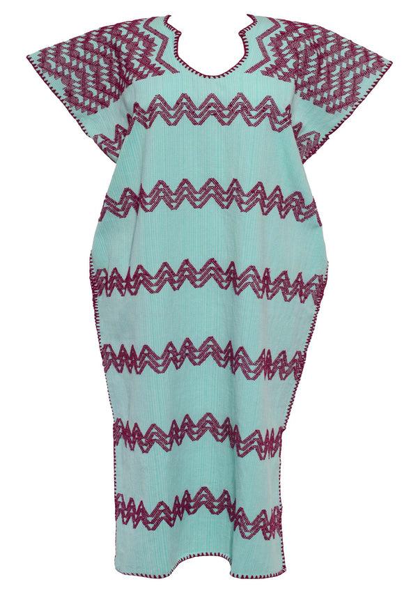 Pippa Holt Kaftan No.478 Single Panel Midi Kaftan In Mint Green With Burgundy Design