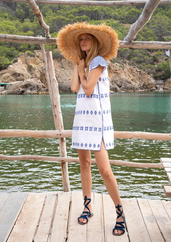 pippa holt Kaftan No.48 Supermini kaftan in white with blue design