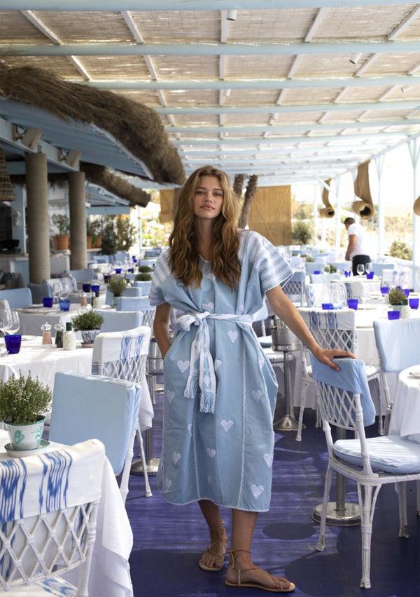 pippa holt Kaftan No.485 Three panel midi kaftan in baby blue with white heart design