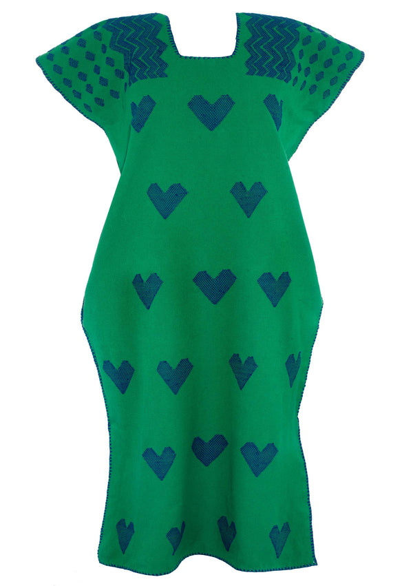 Pippa Holt Kaftan No.486 Single Panel Midi Kaftan In Green With Blue Heart Design