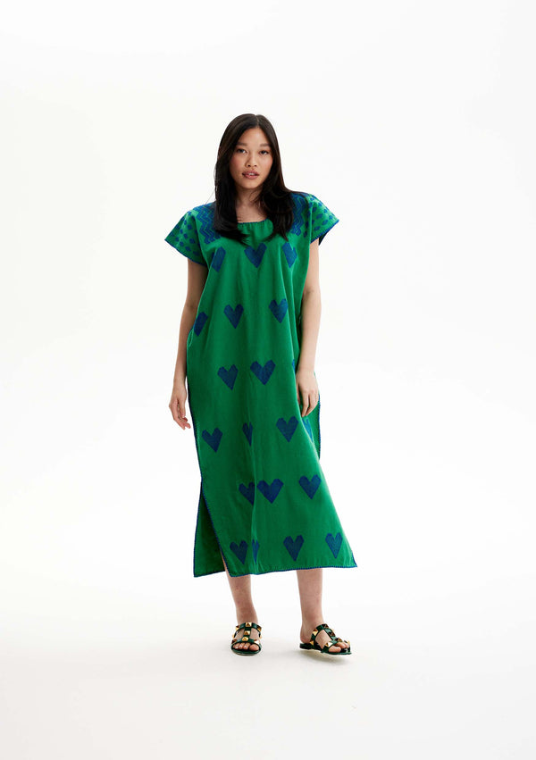 pippa holt Kaftan No.486 Single panel midi kaftan in green with blue heart design