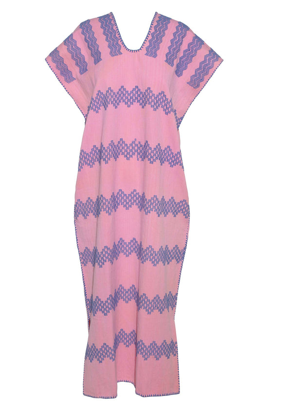 Pippa Holt Kaftan No.490 Single Panel Midi Kaftan In Pink With Blue Design