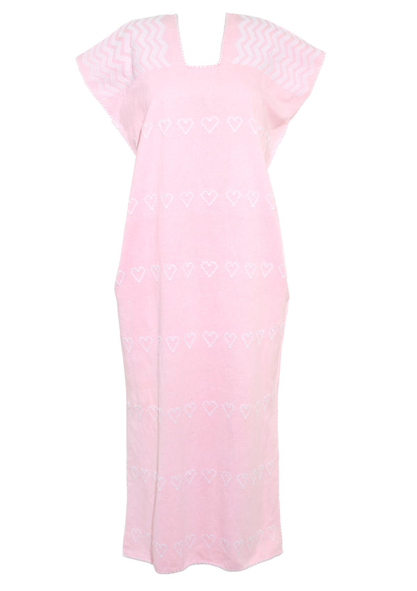 Pippa Holt Kaftan No.493 Single Panel Midi Kaftan In Pale Pink With White Heart Motifs