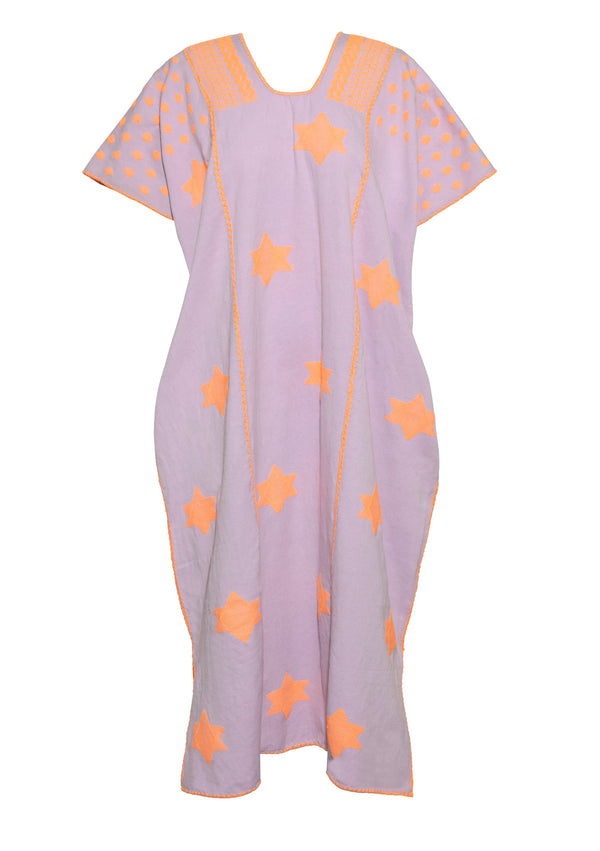 Pippa Holt Kaftan No.494 Three Panel Midi Kaftan In Lilac With Orange Star Design