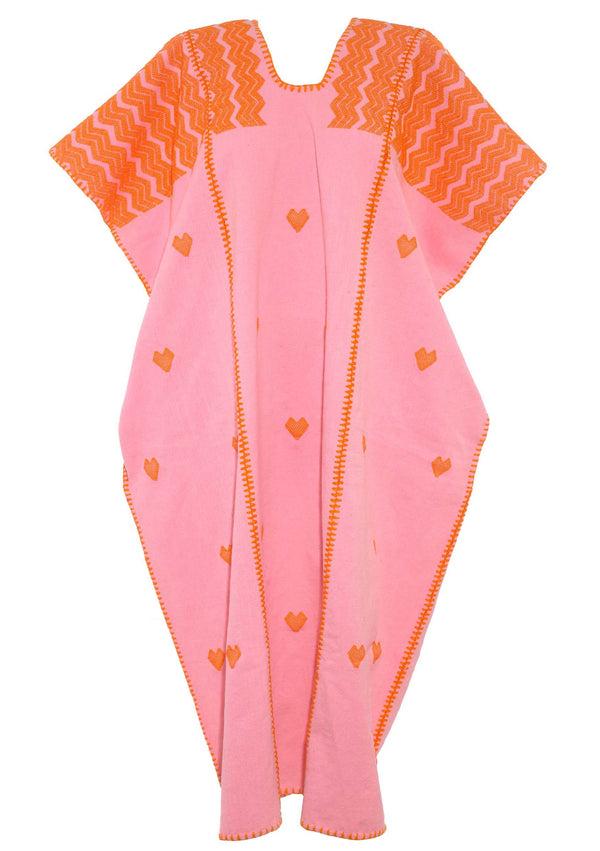 Pippa Holt Kaftan No.495 Three Panel Midi Kaftan In Pink With Orange Heart Design